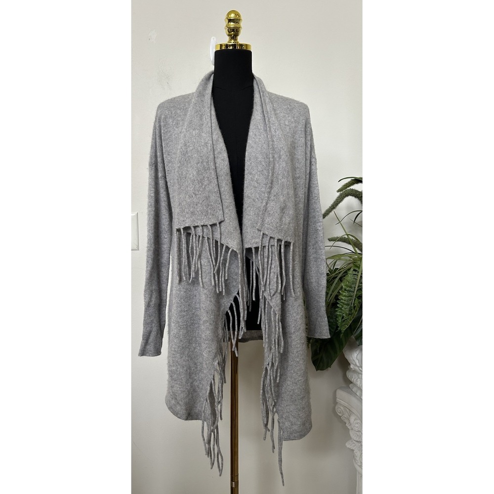 C BY BLOOMINGDALE'S 100% Cashmere Fringe Cardigan M Gray Boho Soft‎ Cozy Luxury